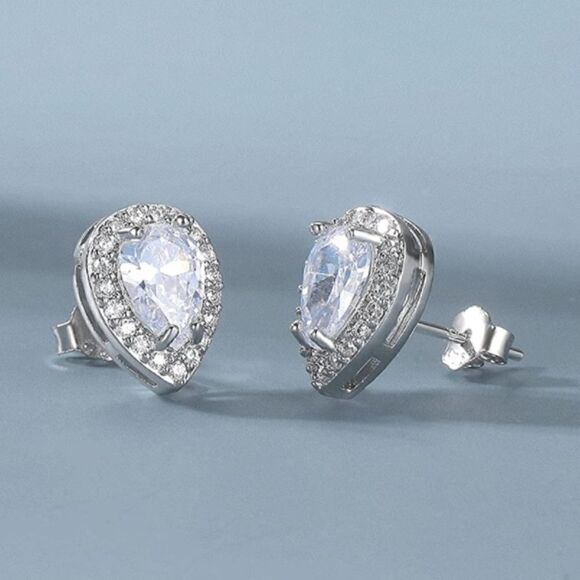 925 Sterling Pear Shape Diamond Halo Stud Earrings - Picture 1 of 5